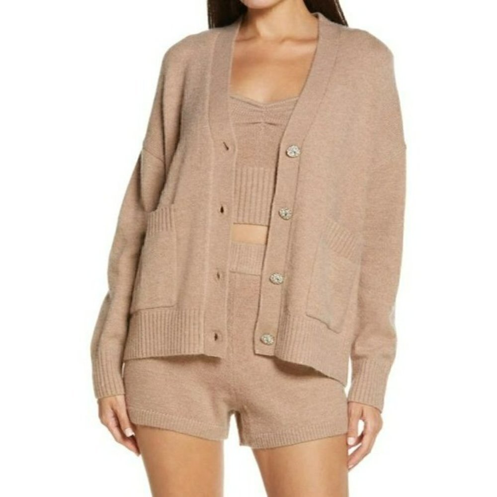 Witty Fox Sweater Tan Rhinestone Button Oversized Cardigan XS